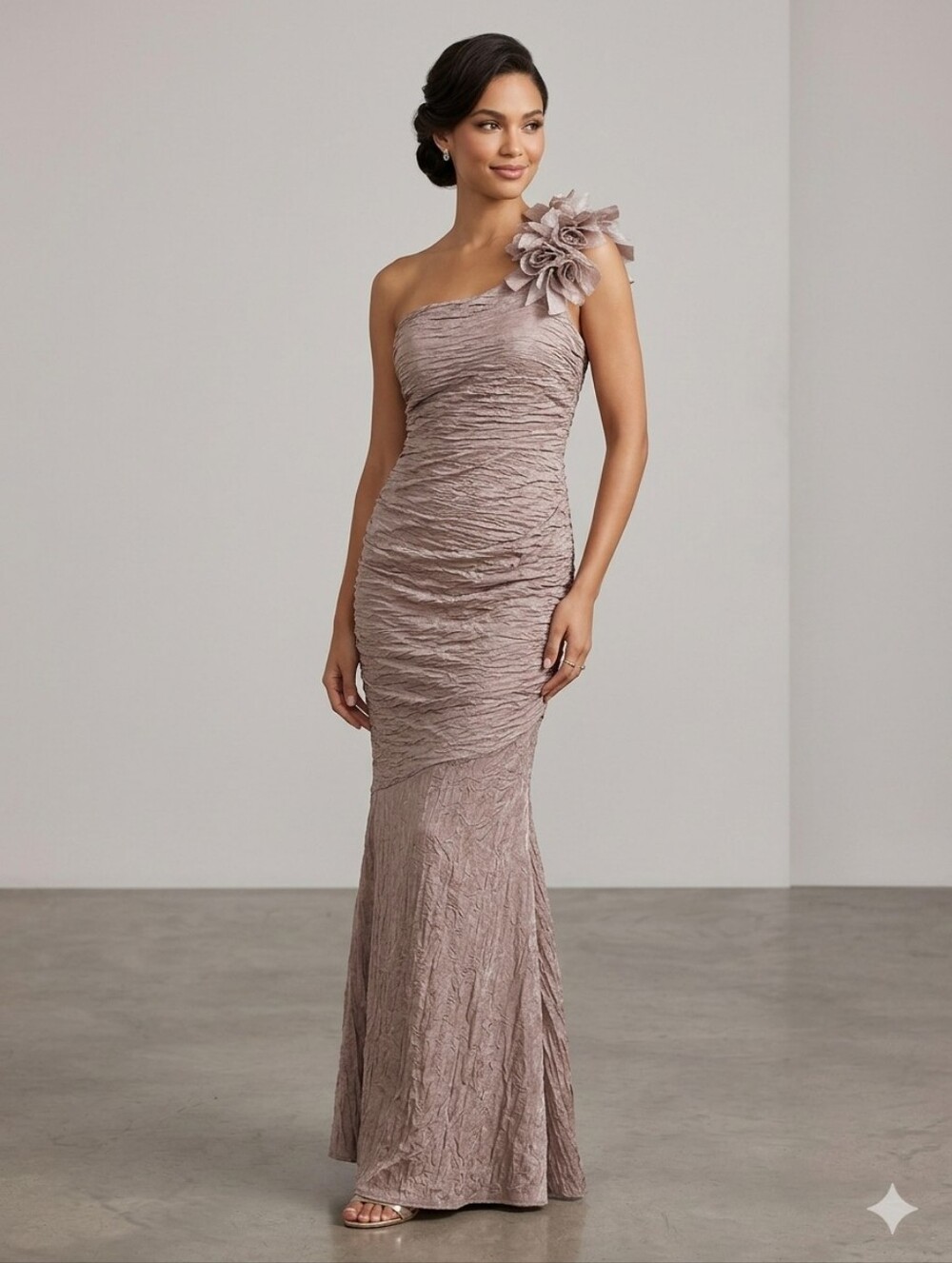Windsor One-Shoulder Taupe Crinkle Dress with Floral Shoulder Detail